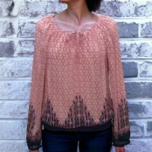 LUCKY BRAND Long Sleeve Boho Top Semi Sheer Geometric Print Pink Ivory Sz M